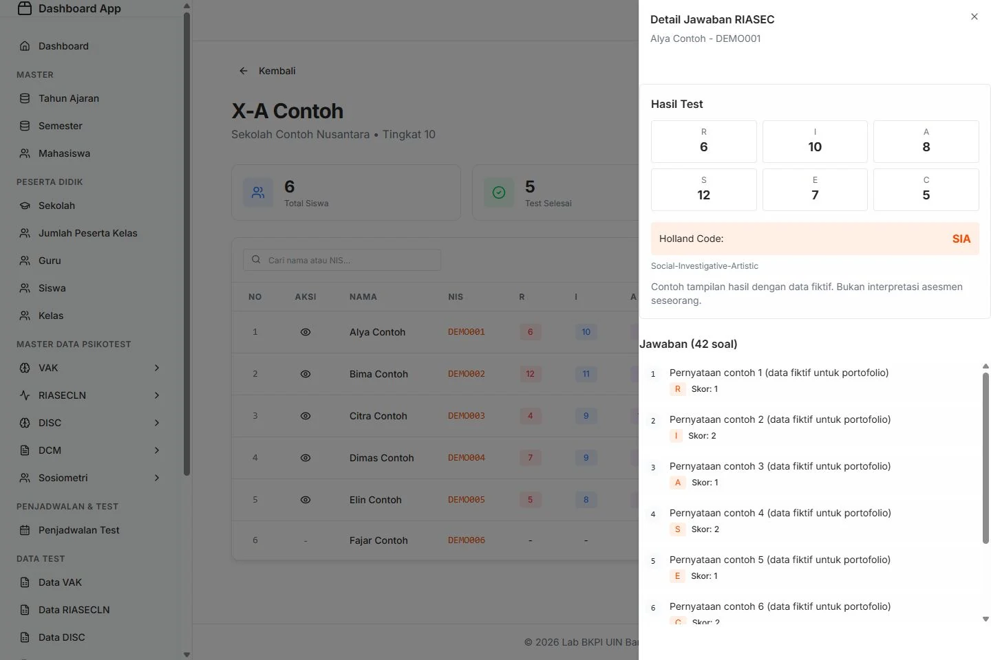 Individual responses, original application interface, fictional data.