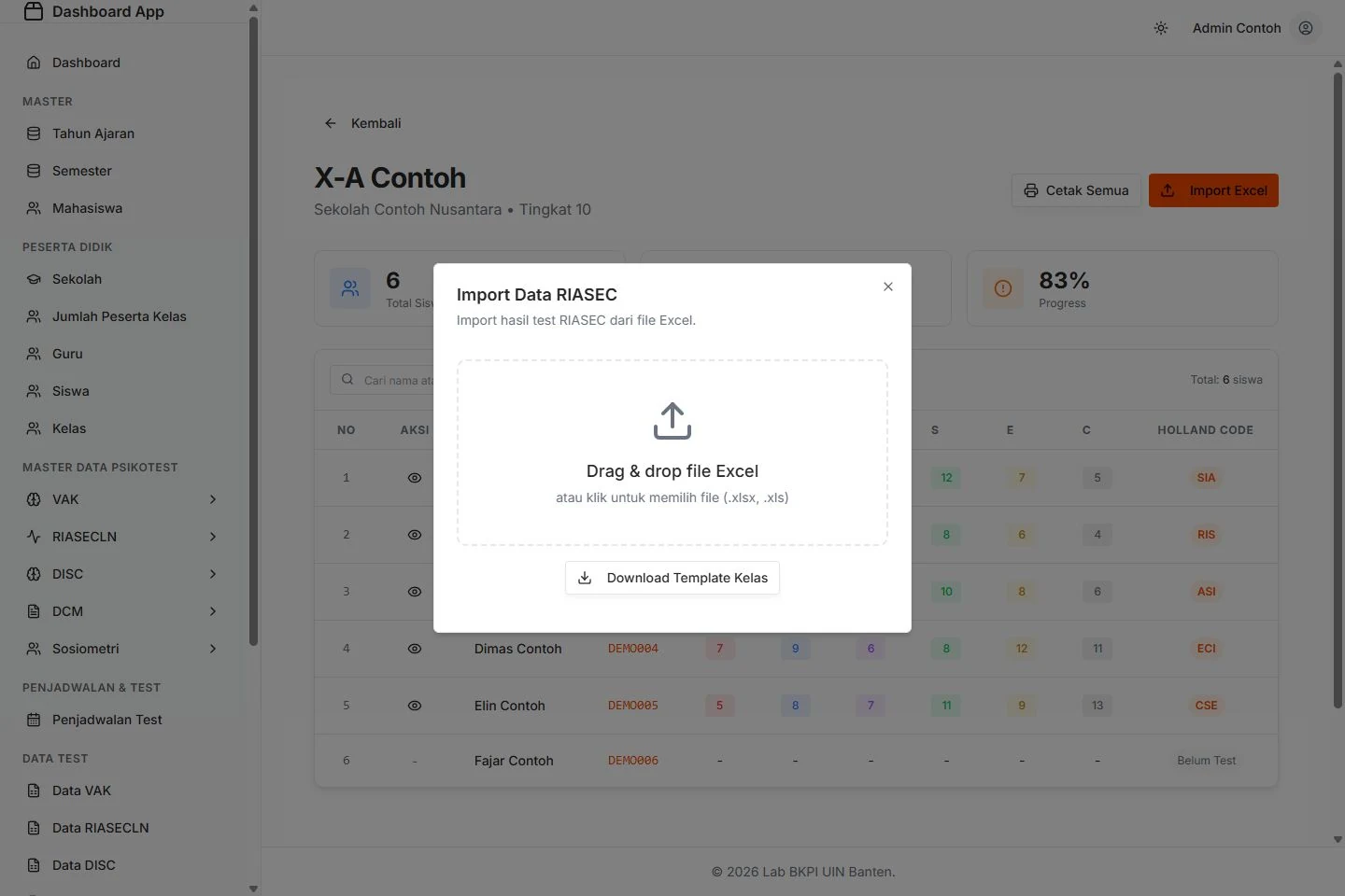 Excel import, original application interface, fictional data.