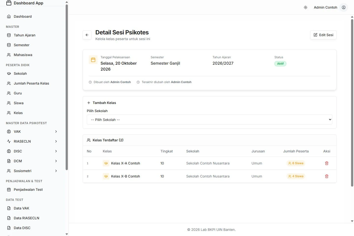 Session and classes, original application interface, fictional data.