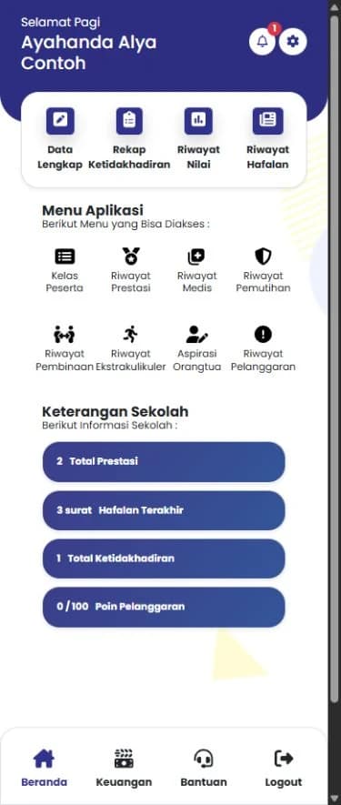 Mobile parent home, original application interface, fictional data.