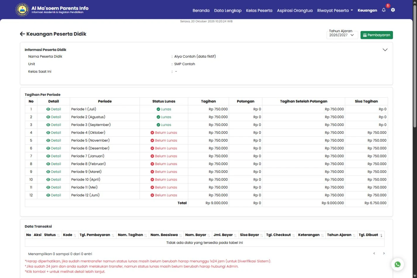 Al Ma’soem Parents Info application interface, fictional data.
