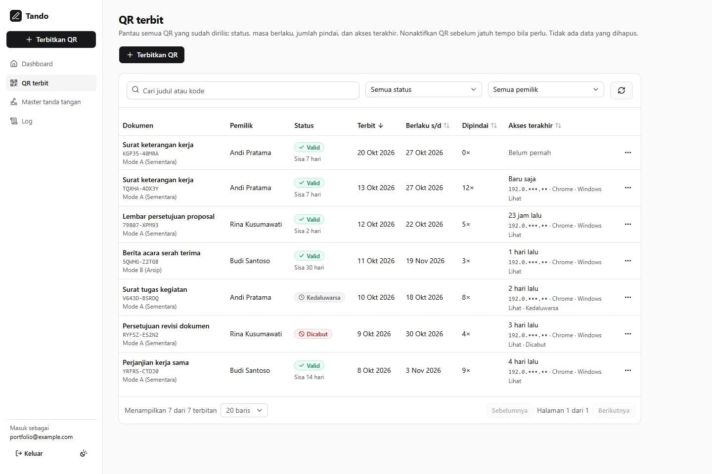 Tando application interface, fictional data.